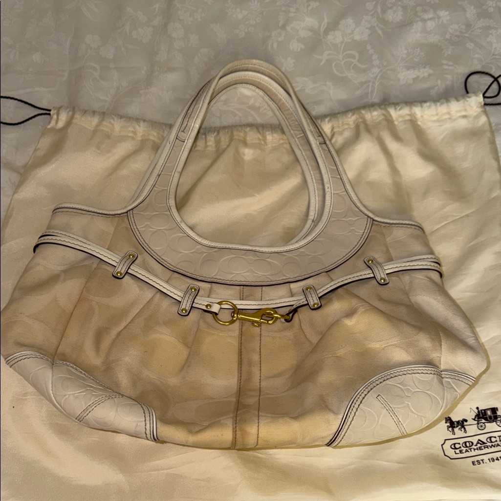 Vintage Coach Tan And Cream Canvas And Leather Tote Shoulder Bag